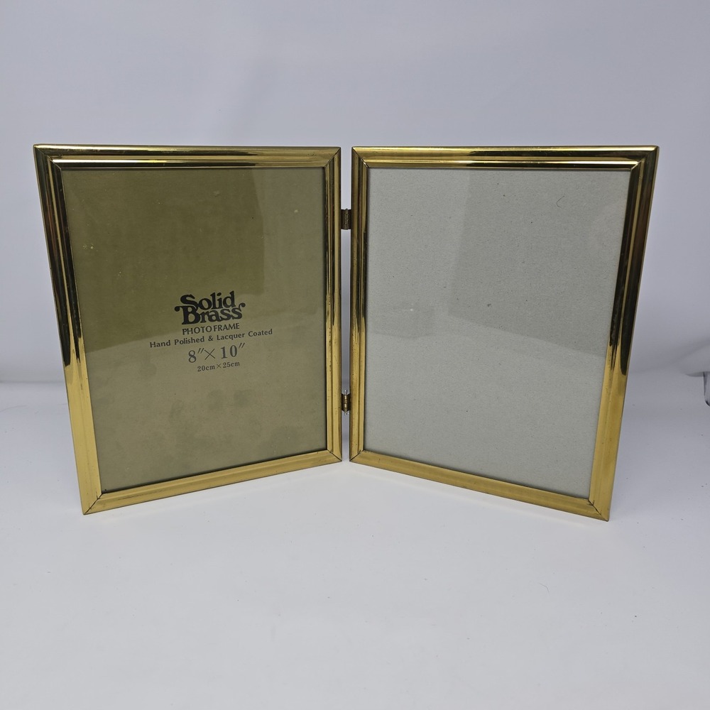 Solid‎ brass lacquer coated polished double photo hinged frame 8x10" velvet back